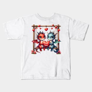 Valentine Dragon Couple On Swing Kids T-Shirt